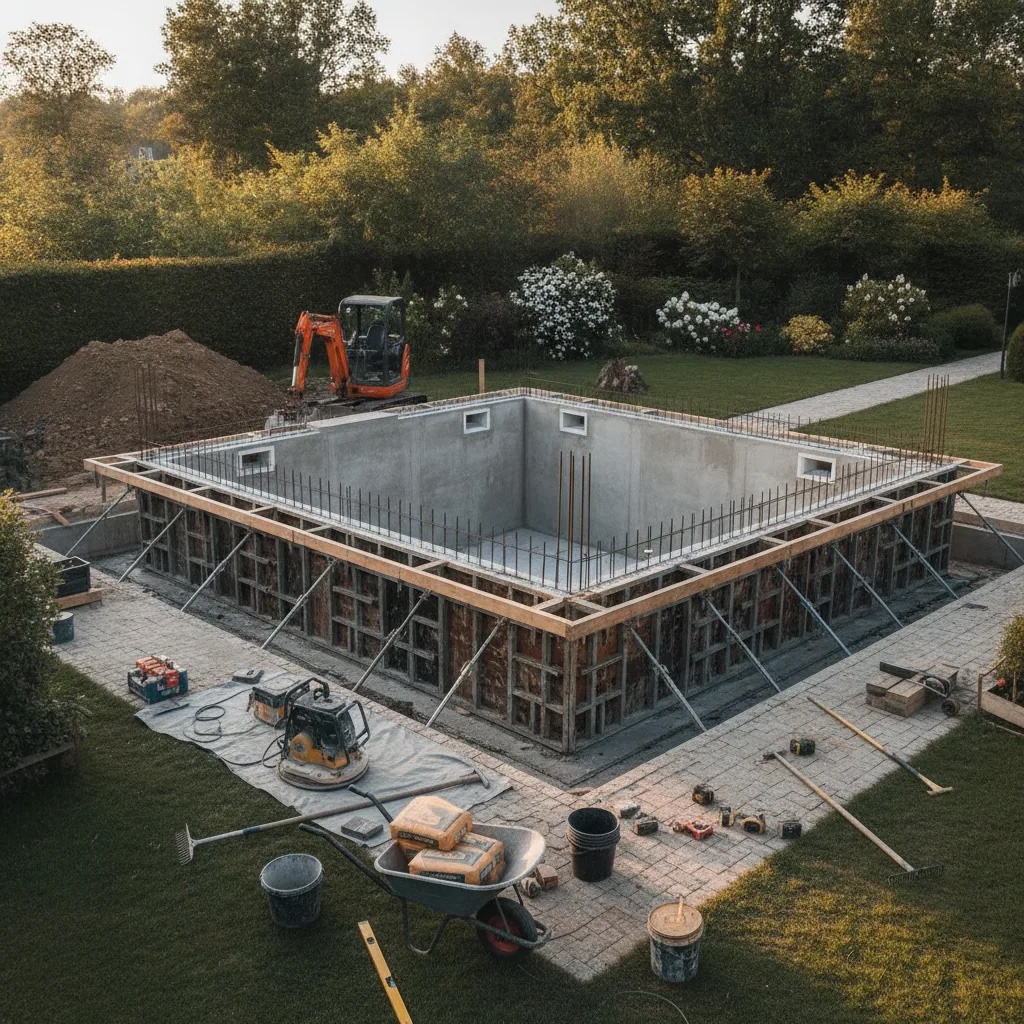 chantier piscine béton