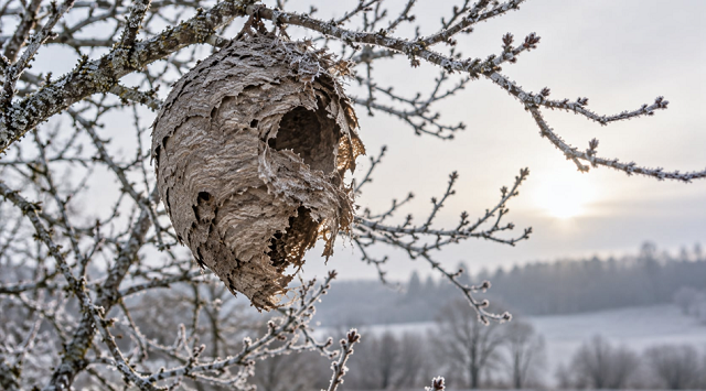 Nid de frelons en hiver 2026 : coque de papier dégradée dans un arbre dénudé après l'extinction de la colonie