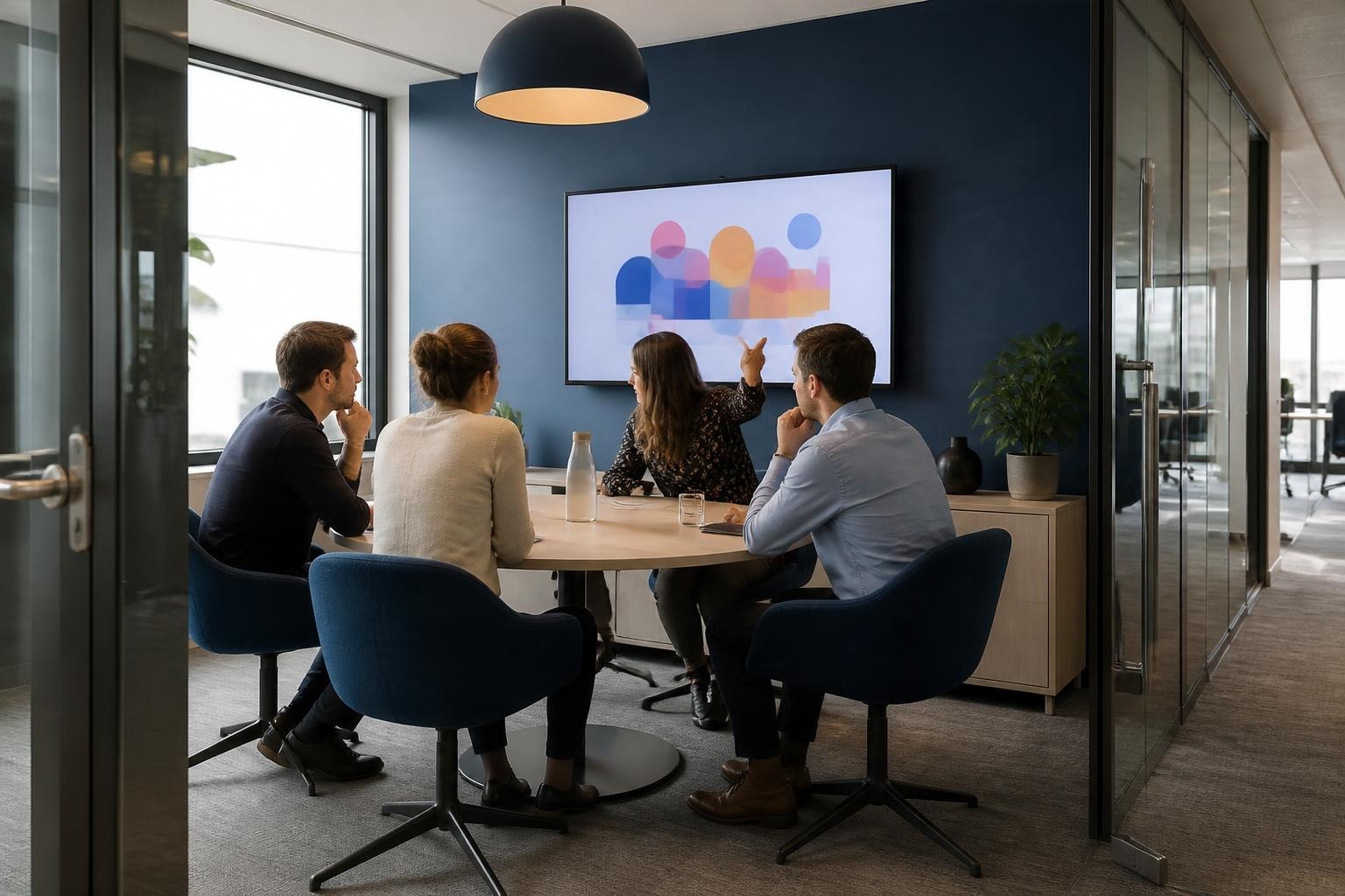 Petite salle de réunion équipée d'un écran mural, quatre personnes autour d'une table ronde