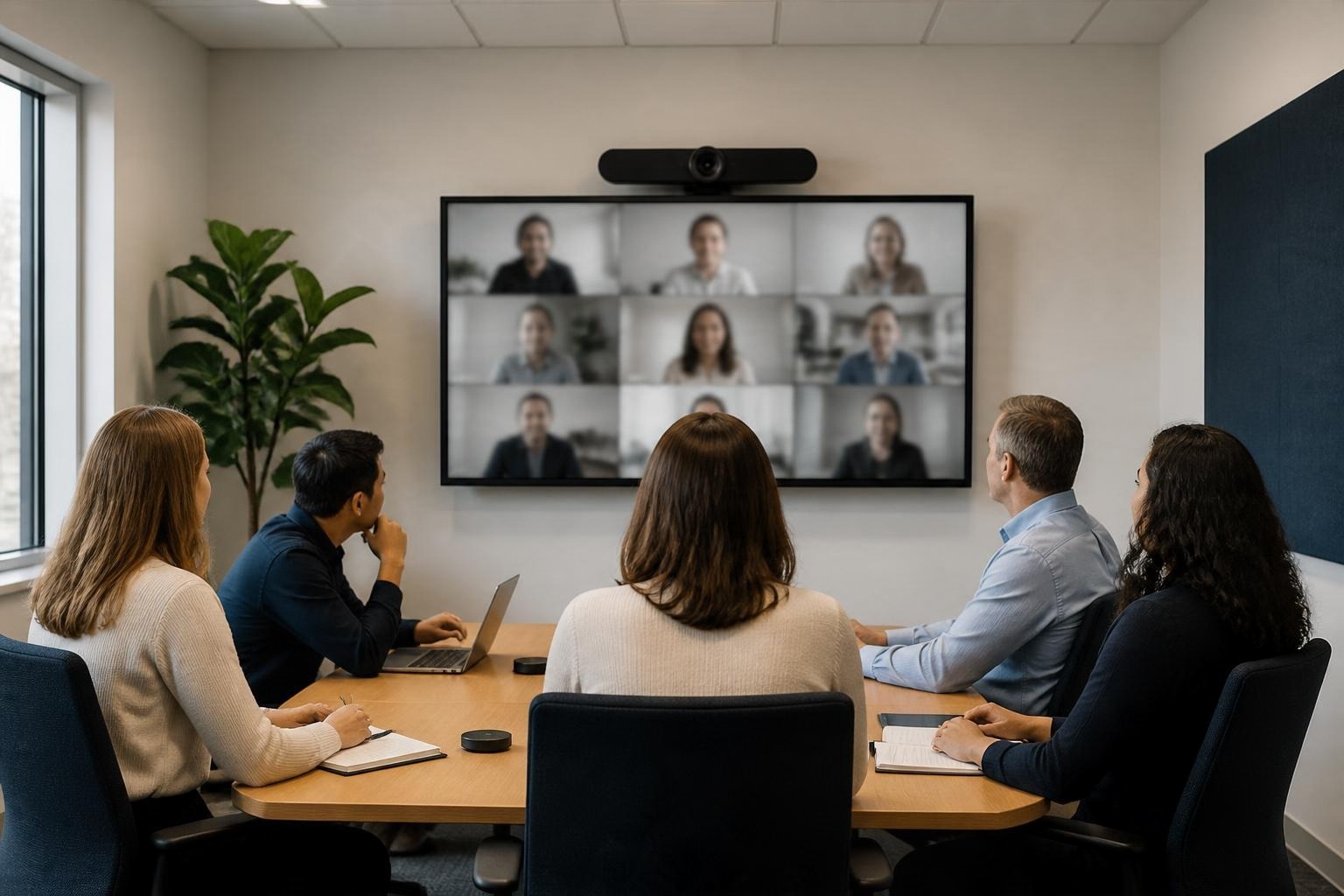 Réunion hybride avec des participants à distance affichés sur un grand écran de salle de réunion